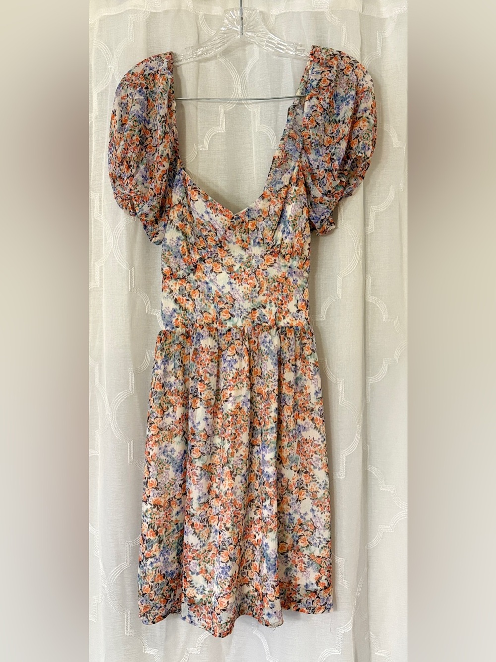 Promesa Large Floral Puff Sleeve Open Back Tie Midi Dress